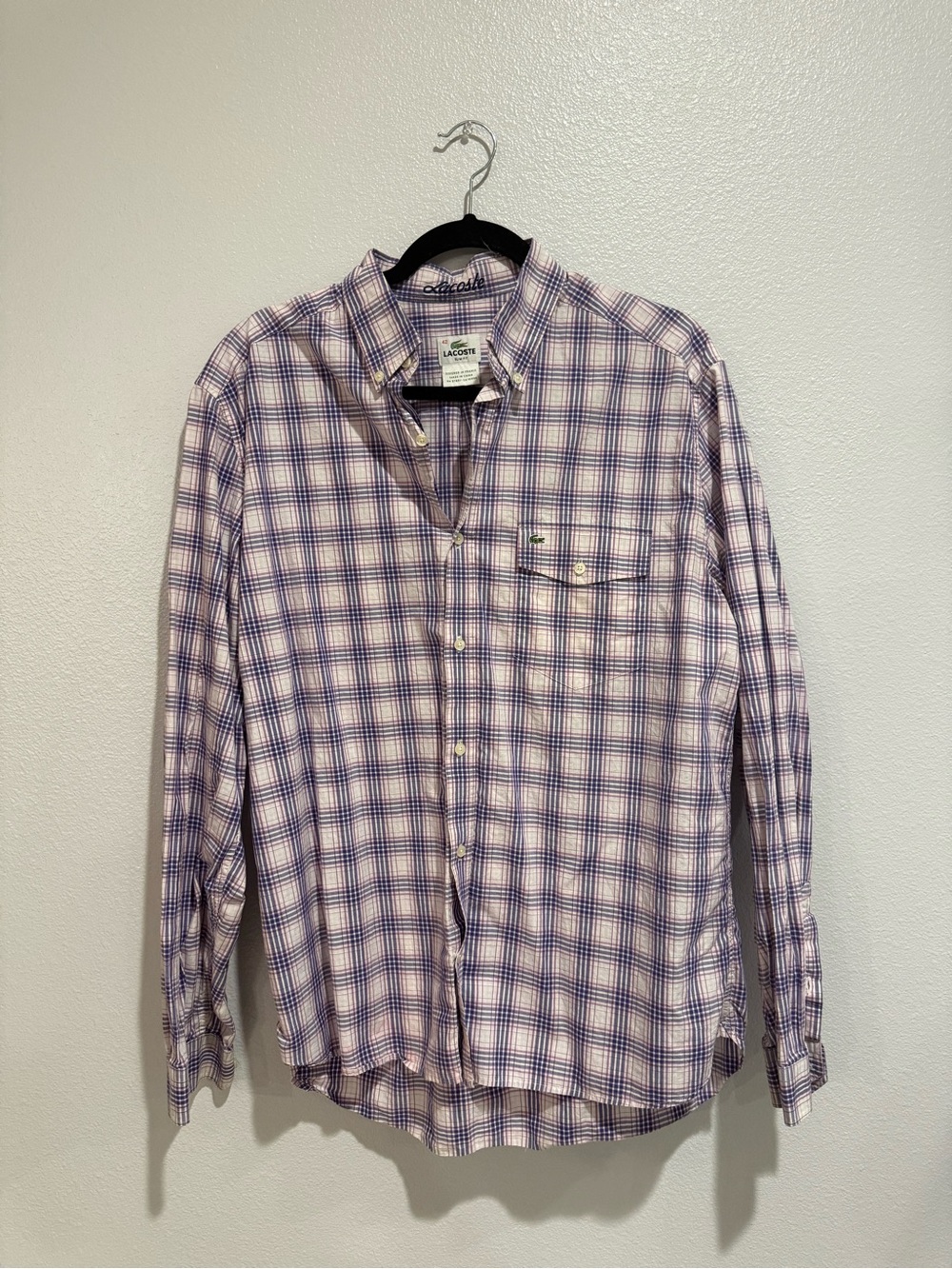 Lacoste Men’s Lavender and White Plaid Button-Down Shirt